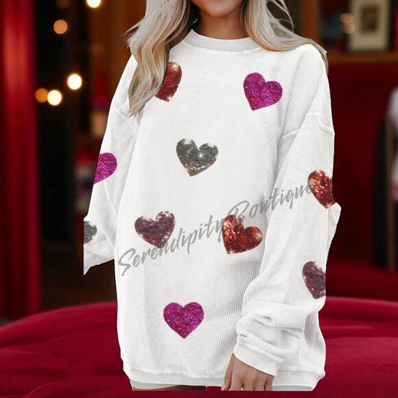 Soft Cozy Slouchy Ribbed Drop Shoulders Long Sleeve Hearts Oversized Sweatshirt - Picture 4 of 7